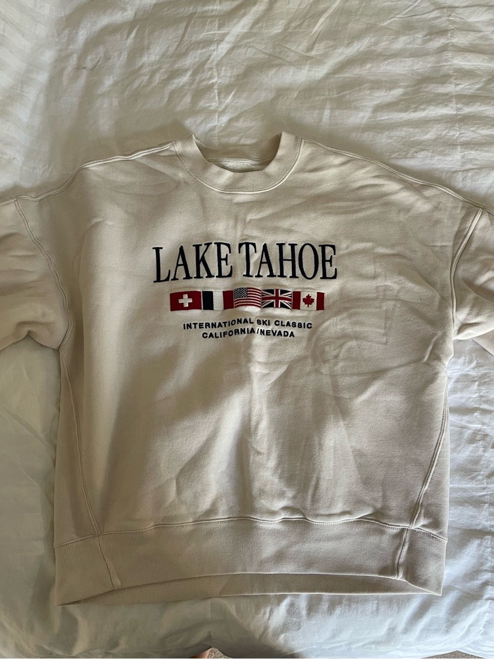 Abercrombie & Fitch Cream Lake Tahoe Crewneck with Flag Graphic